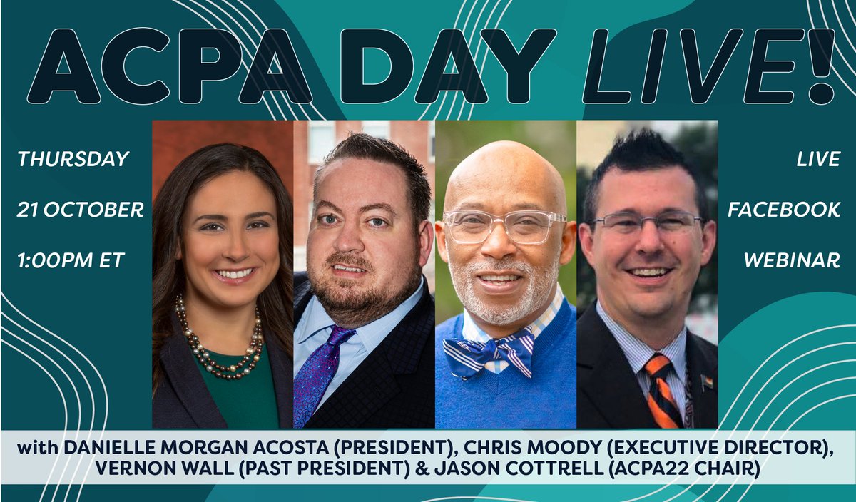 THURSDAY is ACPA DAY! Join association leaders for a Facebook Live event where they will address upcoming initiatives, share pivotal career moments &amp; answer questions. Visit our Facebook page at 1pm ET on Thursday to tune in! <a href="/acpaprez/">Dr. Rachel Aho</a> <a href="/chrismoody8/">Christian Segner</a> <a href="/vernonAwall/">Vernon A. Wall</a> @DrJCottrell