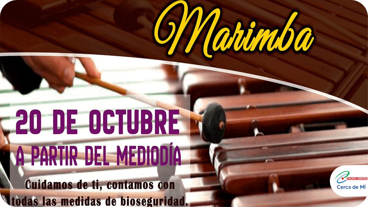 pacificenter_gt's tweet photo. ¡GRAN CONCIERTO DE MARIMBA !
Ven este próximo miércoles 20 de octubre a partir de medio día y disfruta a lo grande de la música #Marimba en vivo. 
Te esperamos, contamos con todas las medidas de bioseguridad. 
#CCPacifiCenter 
#CercaDeMÍ 
#Música #Marimba https://t.co/tvVDSV5y9M