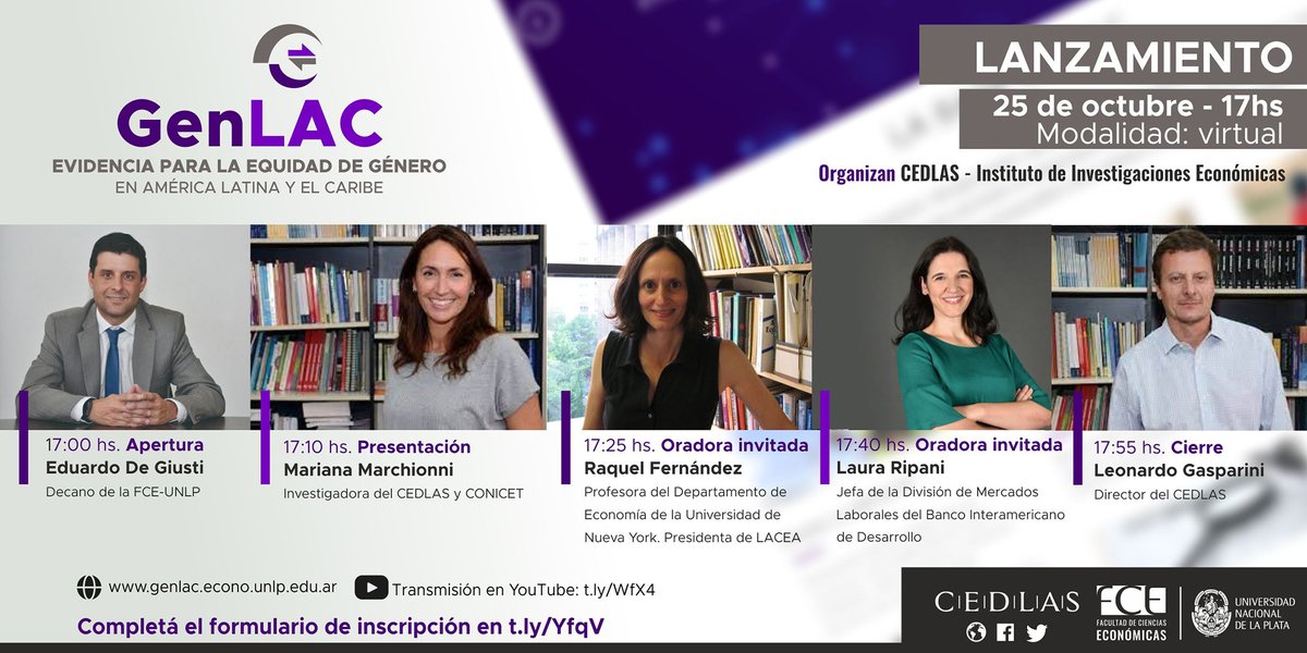 CEDLAS's tweet photo. 📢 El 25/10, 17hs (Arg), lanzamos #GenLAC, la iniciativa para la equidad de género del @CEDLAS

Nos acompañarán @raquel1fernan y @Laura_Ripani

📝 Inscripción: https://t.co/xF0MW4MpfD

👉Conocé GenLAC en 90’’: https://t.co/AJNh94U45u

1/4 https://t.co/1gXPS8Lsmw