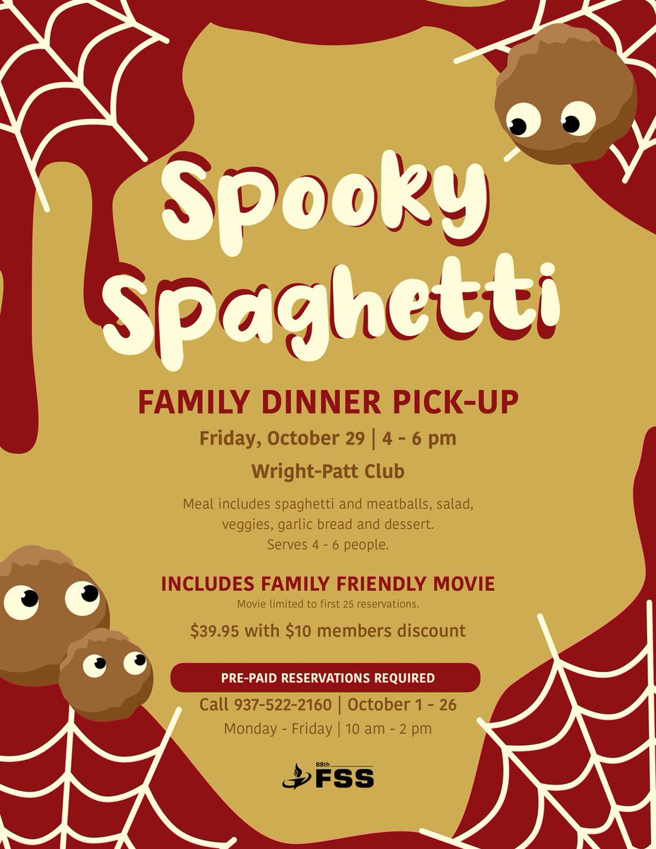 Have you reserved your 👻Spoooooooky 👀Spaghetti 🍝Family Dinner Pick-Up Meal yet? 

If not, you can reserve now by 📞calling 937-522-2160 (M-F, 10am-2pm)! 

Includes: Spaghetti and meatballs, salad, veggies, garlic bread, and dessert for $39.95 with a $10 Members Discount.