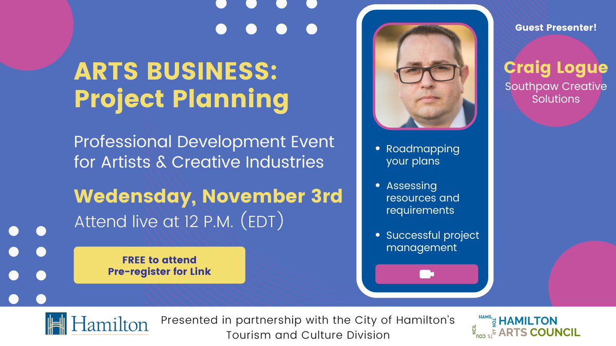 🤔 Project planning is critical to a successfully executed project. It’s a road map to your destination 👇

😎 Join us LIVE November 3, at 12PM.

Register (it's FREE) via: hamiltonartscouncil.ca/professional-d…

#HamOnt