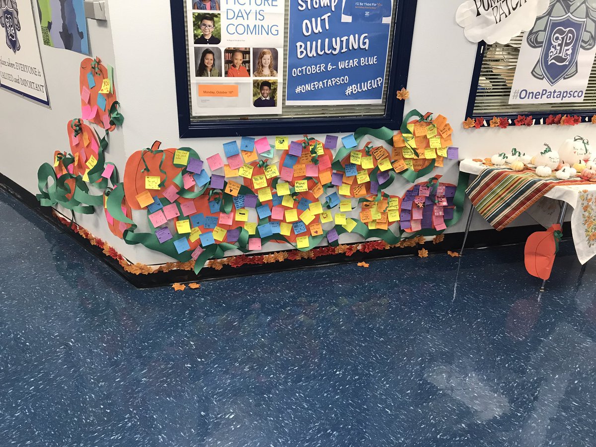 hcpss_pms's tweet photo. Check out our PumpKIND patch! Our students wrote post-it notes for the pumpkind patch that are on display for our Bullying Prevention Month. Next up is UNITY Day this Wednesday where we will wear Orange! #OnePatapsco #BeKind @mjmsuper @HCPSS https://t.co/ZjdG54xQpS