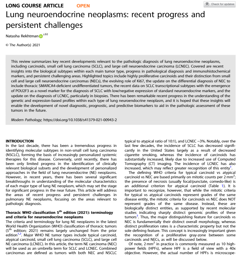 natasharekhtman's tweet photo. Excited to share! Review article on lung neuroendocrine neoplasms is now posted OPEN ACCESS @ModernPathology! It is geared toward pathologists but may be of interest to clinicians &amp; researchers working on SCLC &amp; other lung NE cancers #PulmPath #PathTwitter https://t.co/0DTfb4KahC https://t.co/xm5J6GIoHo