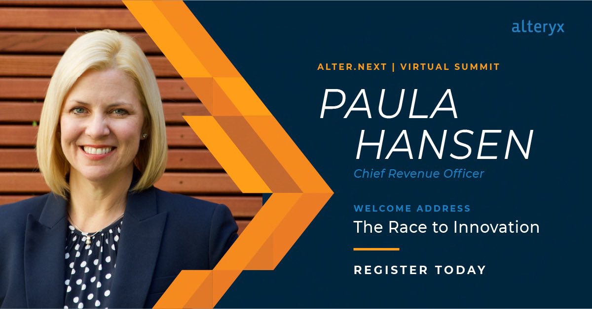 pshansen2's tweet image. At #AlteryxAlterNext, I will be speaking on the Race to Innovation — how our customers enable business outcomes with Alteryx innovation.  Register here and join me: ow.ly/oTKg50GoGEd 
#AcceleratingAnalytics