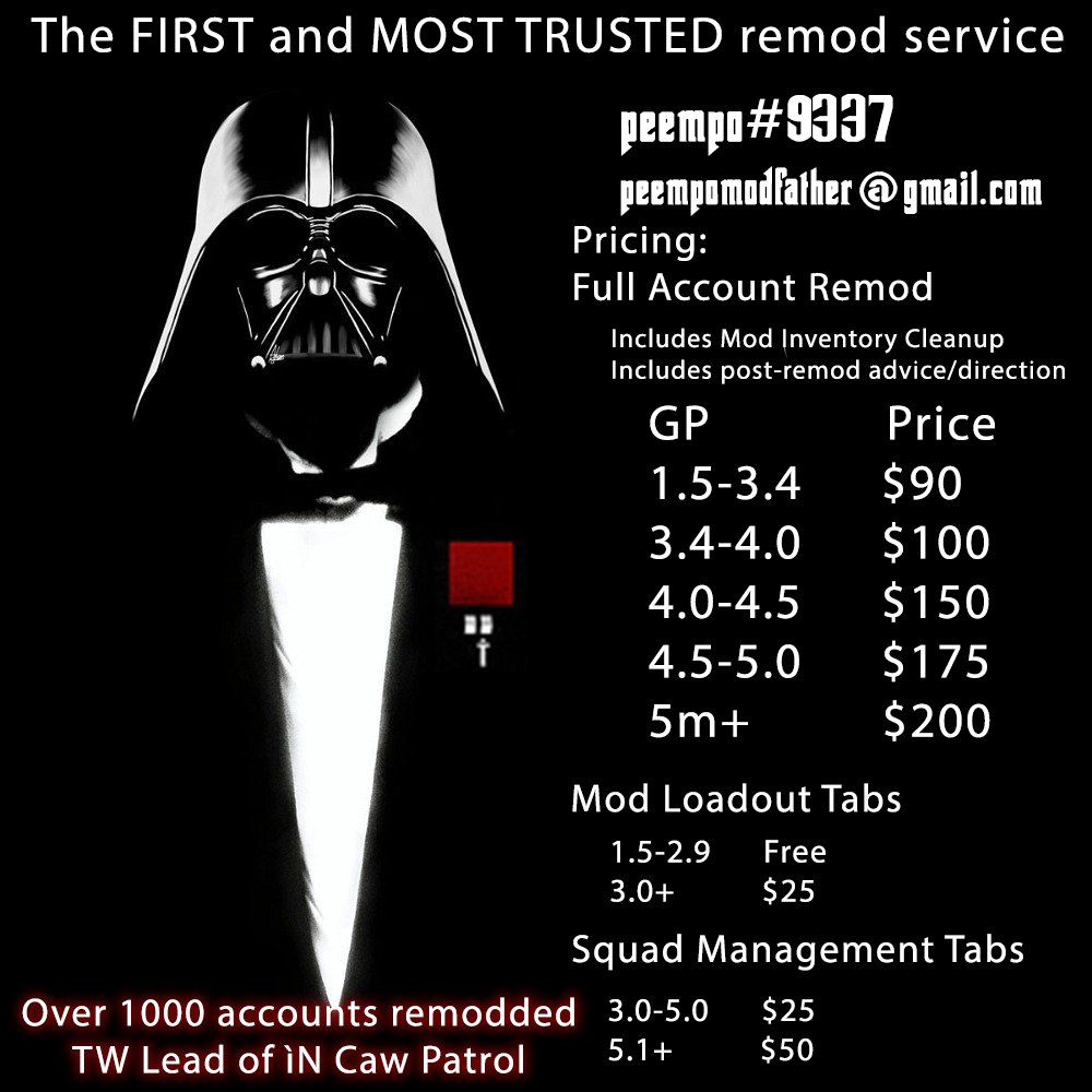 PeempoAS's tweet photo. Same Peempo, new prices! Message me today and see what a remod can do for your roster! Quotes are free, advice is free, guides are free. I'm here for the swgoh community. Drop me a line! https://t.co/tuUSXTtsPi