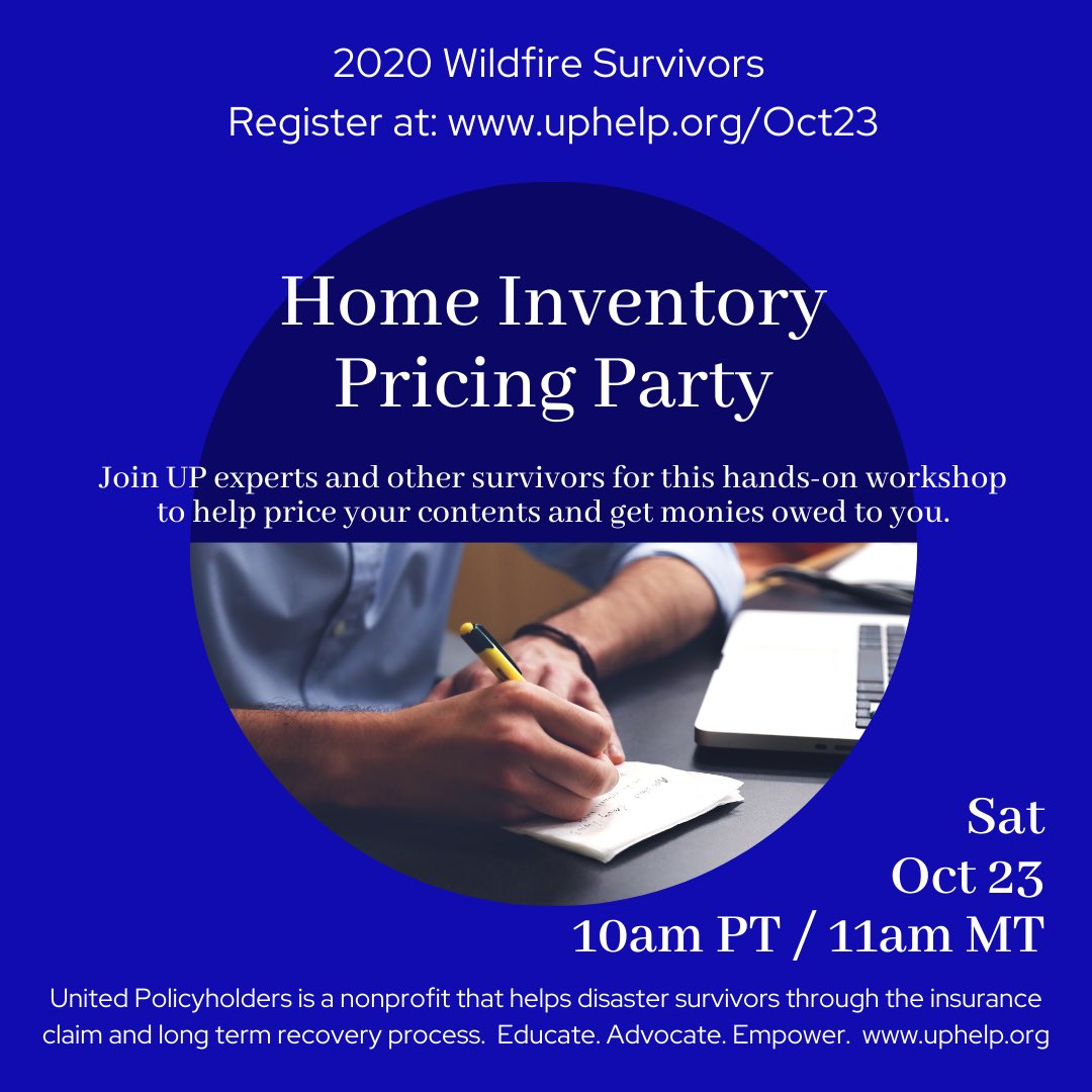 🔥 Were you impacted by #EastTroublesomeFire? All are invited to the Home Inventory Pricing Party on 10/23. Join <a href="/UPHelp/">United Policyholders</a> experts &amp; other survivors for this hands-on workshop to help price your contents &amp; get monies owed to you. 

uphelp.org/Oct23  

#cofire #firerecovery