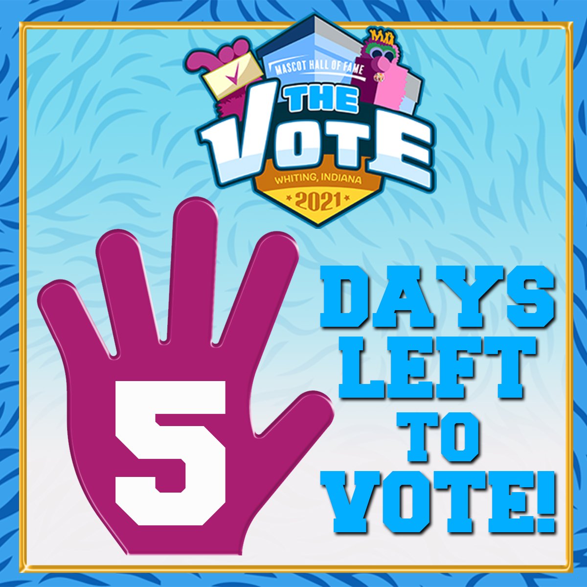 MascotHall's tweet photo. ONLY 5 DAYS LEFT TO VOTE!
https://t.co/K1azYgsxGf
DON'T FURGET!
You can also give your vote 3-times the power by getting our #TheVote membership for only $20!
https://t.co/I6xw3bfsDS
RT & Tag!
#MascotHall #MascotHallofFame #TheVoteFinalists https://t.co/vsQwfSxe0U