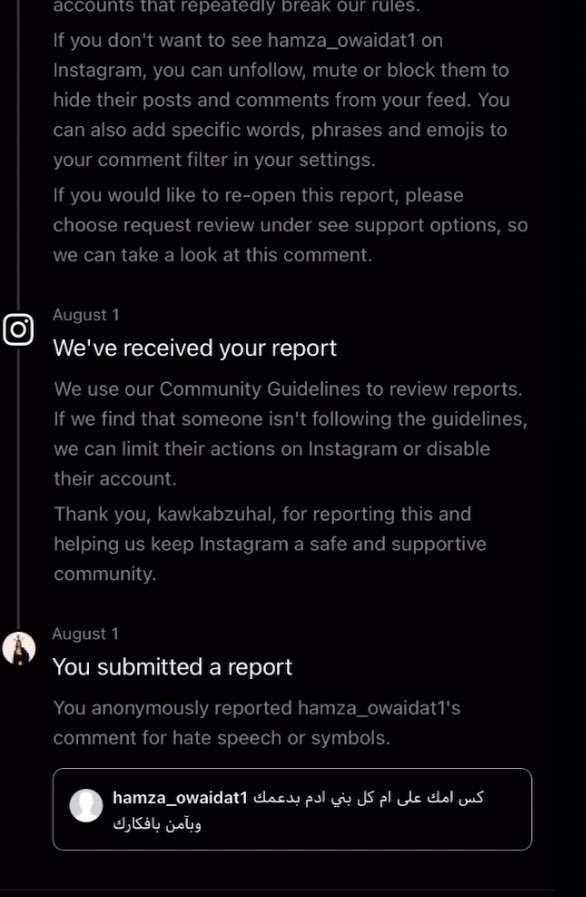 kawkabzuhal's tweet photo. PLEASE LIKE AND SHARE.
@instagram 
1: Rejecting a report of a VERY hateful comment.
2: Giving me a wrong code to appeal their decision of removing one of my posts.
3: Banning me for sharing the suicide prevention hotline for someone suicidal, and not giving me the appeal option. https://t.co/mFYJGN6428