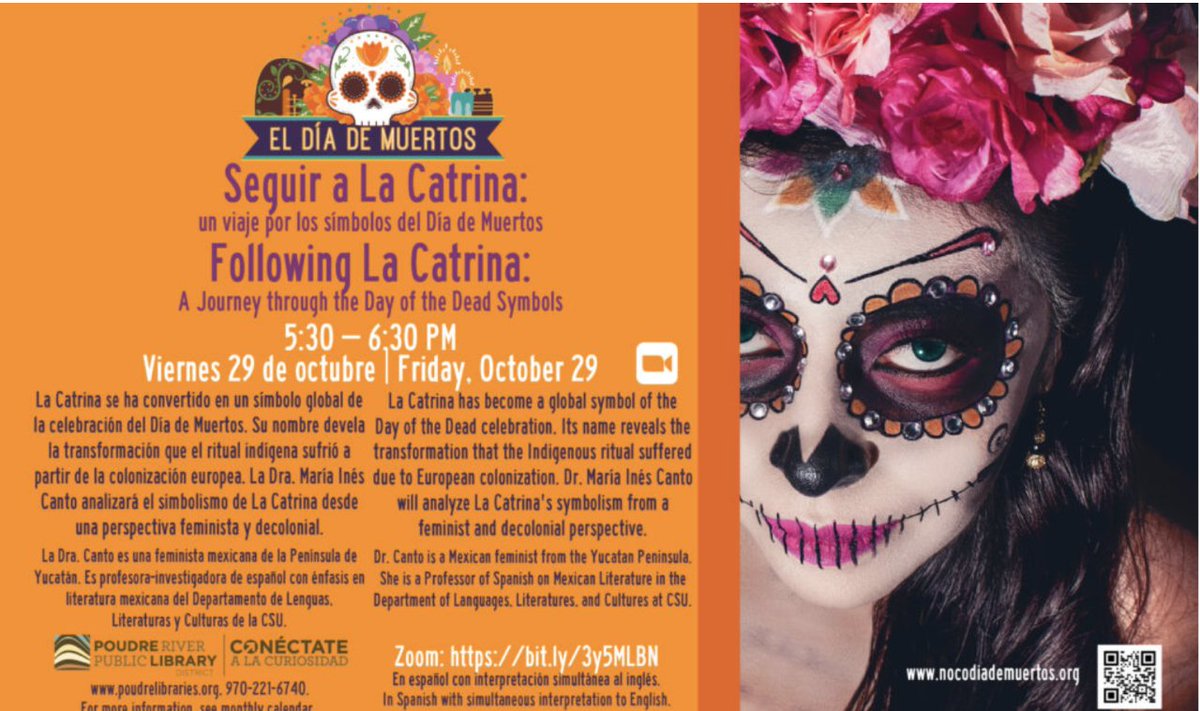 Viernes 29 de octubre┃Friday, October 29th
Please join us from 5:30 - 6:30 via zoom to discuss and analyze La Catrina's symbolism from a feminist and decolonial perspective!