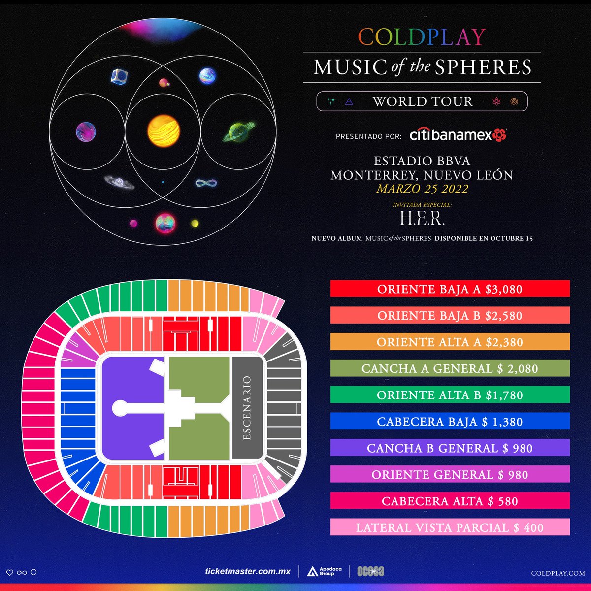 Conoce el mapa de zonas y precios para el concierto de <a href="/coldplay/">Coldplay</a> en el Estadio BBVA el próximo 25 de marzo ✨#MOTSWT

Preventa Citibanamex: 19 y 20 de octubre.

Venta libre: 21 de octubre.