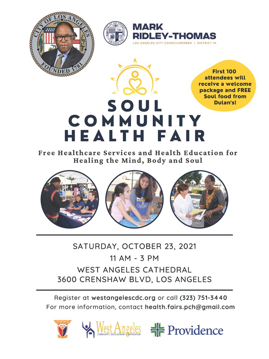 Mark Ridley-Thomas (@mridleythomas) on Twitter photo Mark your calendars🗓️<a href="/WestAngelesCDC/">West Angeles CDC</a>, <a href="/providence/">Providence</a>, and #PilipinosForCommunityHealth, is hosting a Soul Community Health Fair on October 23rd. The first 100 attendees will receive a welcome package and FREE food from <a href="/DulansCrenshaw/">Dulan's On Crenshaw</a>! More info: Mark your calendars🗓️<a href="/WestAngelesCDC/">West Angeles CDC</a>, <a href="/providence/">Providence</a>, and #PilipinosForCommunityHealth, is hosting a Soul Community Health Fair on October 23rd. The first 100 attendees will receive a welcome package and FREE food from <a href="/DulansCrenshaw/">Dulan's On Crenshaw</a>! More info: