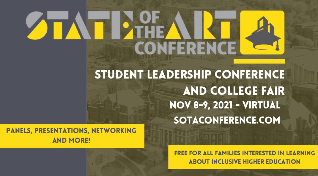 STUDENTS: Don't miss the 2021 Student Leadership Conference and Inclusive College Fair! This FREE virtual event is Nov 8-9, 2021. Learn tools for transition, advocacy &amp; leadership, and have fun! REGISTER FOR SLC AND COLLEGE FAIR: bit.ly/3lPpf9h