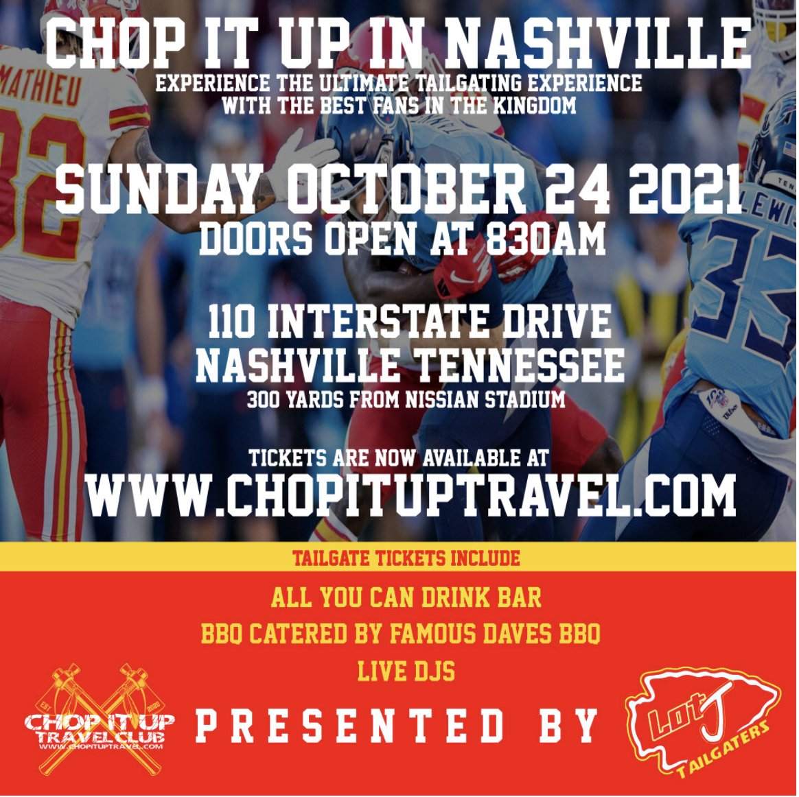 nfldraftscout's tweet image. NASHVILLE—

I have 2 FREE tickets to the @chopitupclub tailgate before the #Titans &amp;amp; #Chiefs game.

To win them, just follow me + them and retweet this. We'll announce a winner Friday night!

#LFG 

chopituptravel.com/chiefs-v-titan…