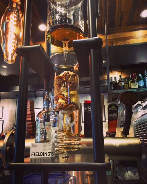 fieldingsgrill's tweet photo. Did you know we infuse whiskey in house for our signature old fashioned? Old Forester Kentucky bourbon starts out at the top and makes its way through Madagascar vanilla beans, dried cherries, shaved orange peel. Then we repeat over and over so the whiskey takes on these flavors. https://t.co/j48dSQvEy1