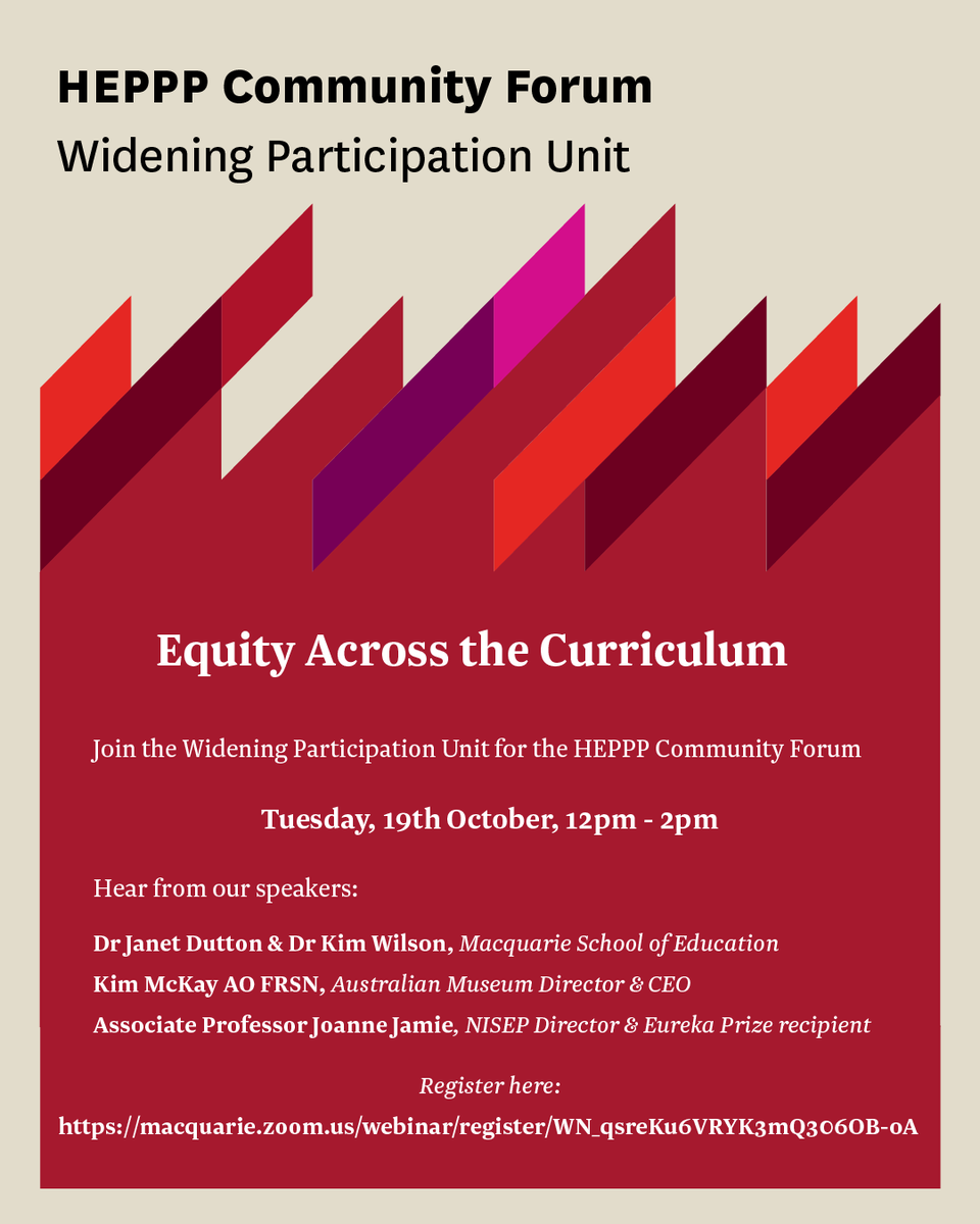 TODAY - Join us for our second HEPPP Community Forum of 2021, Equity Across the Curriculum!
 
Register now:
macquarie.zoom.us/webinar/regist…

<a href="/kimcoral/">Kim McKay</a>
<a href="/JoanneJamie2/">Joanne Jamie</a> 
<a href="/Macquarie_Uni/">Macquarie University</a> 
<a href="/austmus/">Australian Museum</a>
<a href="/NISEP01/">NISEP</a>
@GLP_MQ