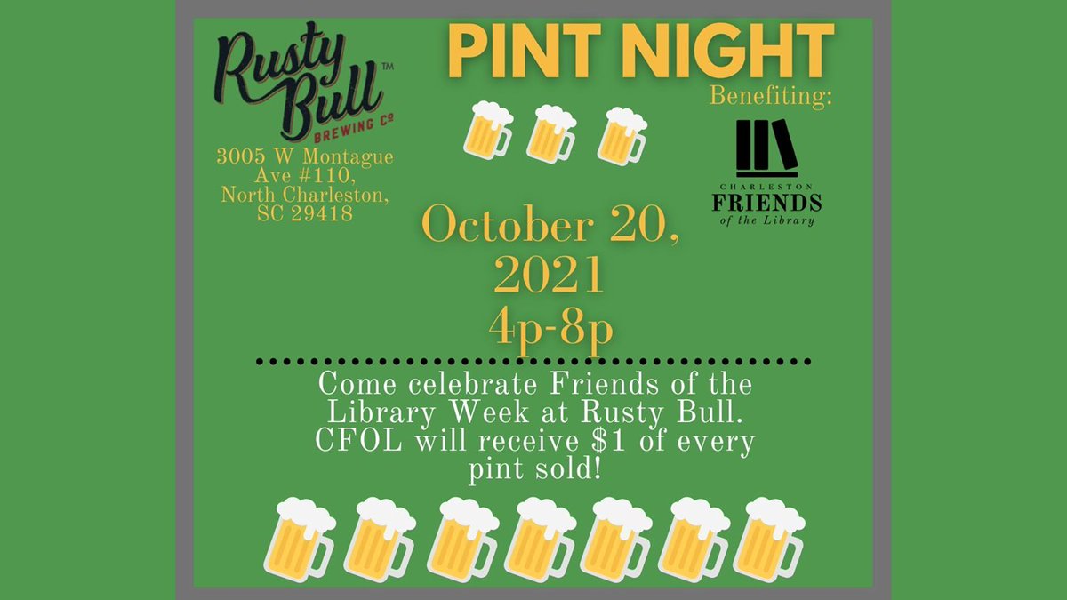 ChasCoLibrary's tweet photo. Love books? Love beer? Love books and beer?
Come celebrate #NationalFriendsoftheLibraryWeek (Oct. 17-23) by quenching your thirst with a brew or two! For every pint sold at Rusty Bull Brewing Co., $1 will be donated back to @chslibfriends. #chsreads https://t.co/6YWslFbBFT