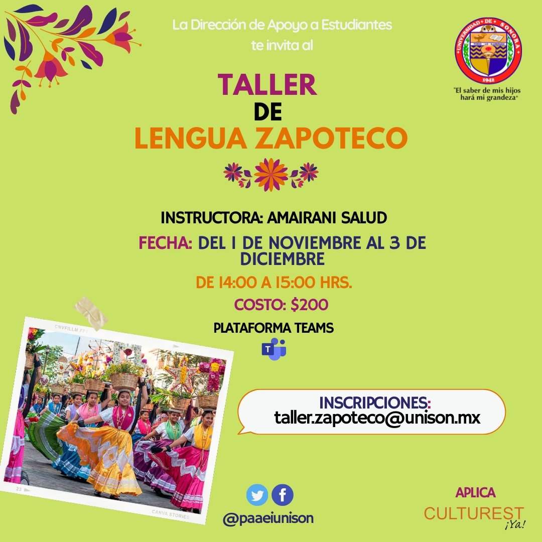 Te invitamos a conocer a través del lenguaje, la cosmovisión de una de las comunidades originarias con mayor población en México.

TALLER DE LENGUA ZAPOTECO
*cupo limitado* <a href="/SoyUnison/">Soy Unison</a>

¡Inscríbete! 👇🏻🤓