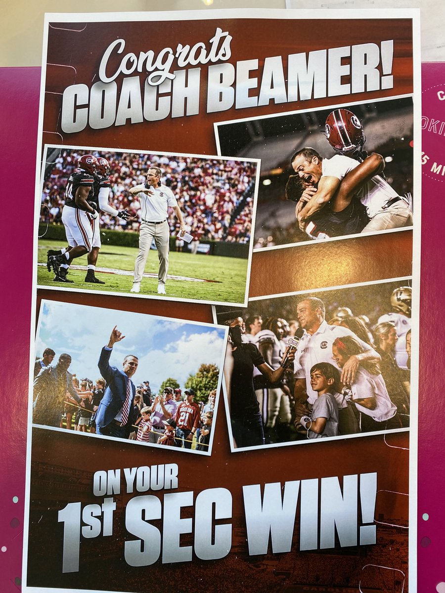 CoachSBeamer's tweet photo. Thanks to our amazing football family for the cookie cake !!

I’m grateful to be the Head Coach here ….First of many 

And congrats to ⁦@GamecockFB⁩ on our 100th ⁦@SEC⁩ WIN!! 🤙🏻 https://t.co/5AScjg53fK