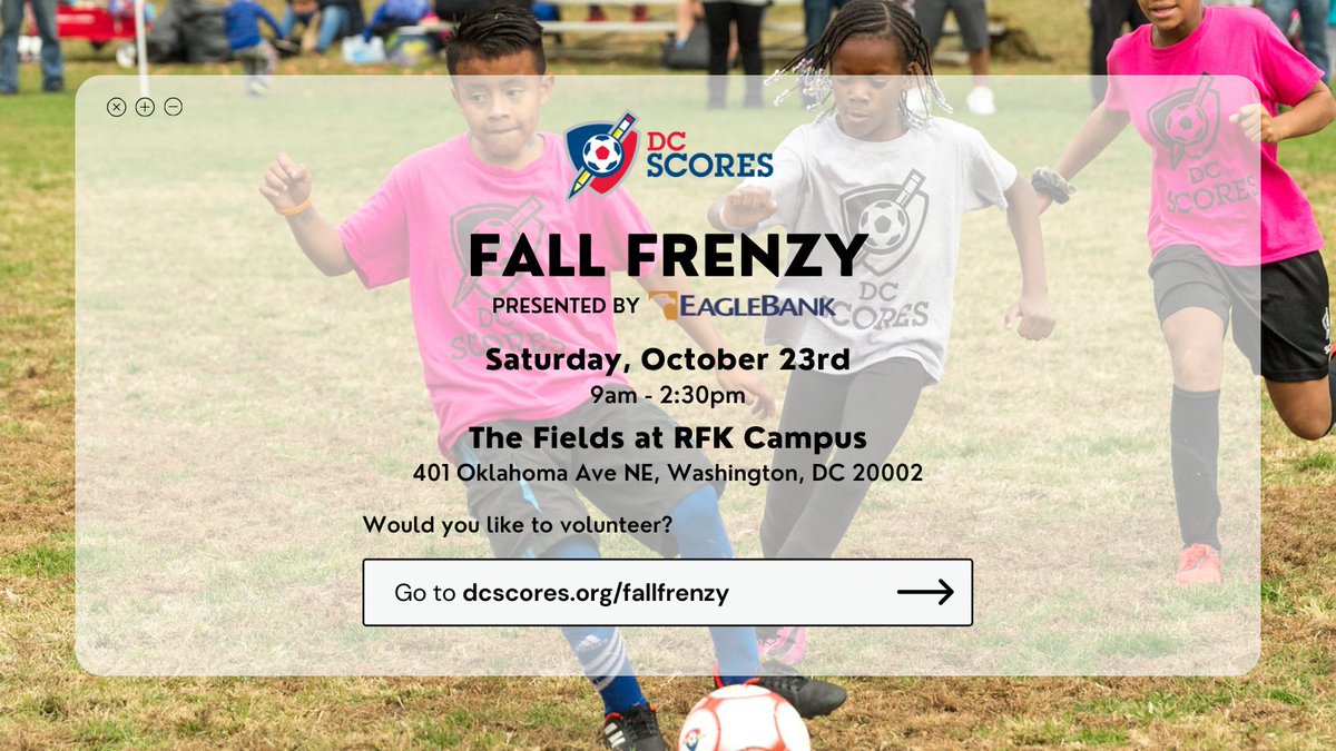 Fall Frenzy, presented by <a href="/EagleBankCorp/">EagleBank</a>, is just 5⃣ days away!

We can't wait to be back at The Fields at RFK Campus for another soccer-filled day for our elementary school poet-athletes.

Want to volunteer? dcscores.org/fallfrenzy

Info for families: families.dcscores.org