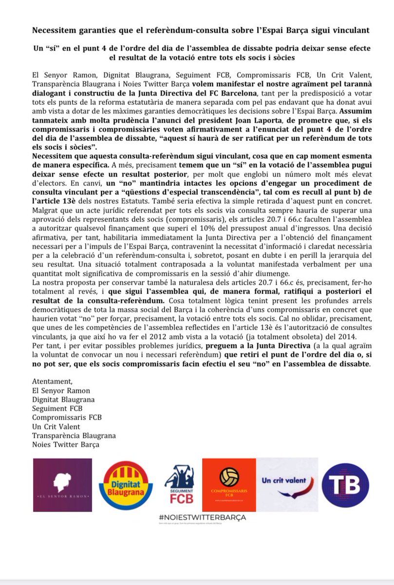 📰 [COMUNICAT] Posicionament unitari de set grups d'opinió barcelonista davant de l'anunci del president <a href="/JoanLaportaFCB/">Joan Laporta Estruch</a> de celebrar un referèndum sobre l'Espai Barça, cosa que agraïm, però també assumim amb molta prudència. Aquests són els motius 👇