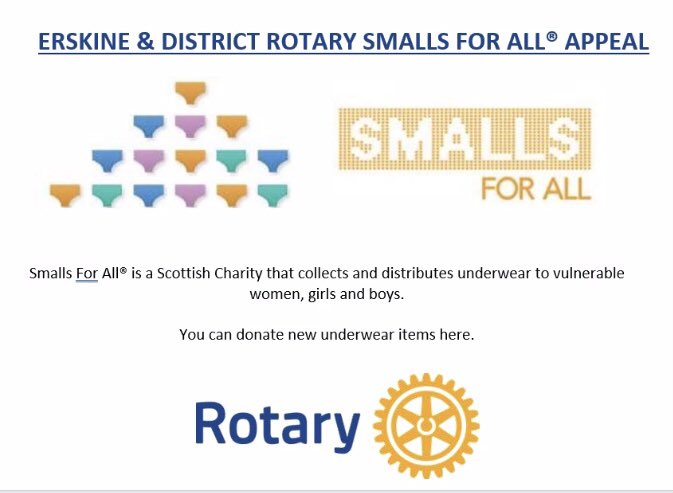 ErskineRotary's tweet photo. We are supporting @SmallsforAll - it’s easy to donate new underwear items at our collection points in Erskine. Message us here or email erskinerotary@hotmail.co.uk for info! #erskinerotary #smallsforall #talkingpants #rotaryinternational #serviceaboveself https://t.co/2t6GBQyHA6