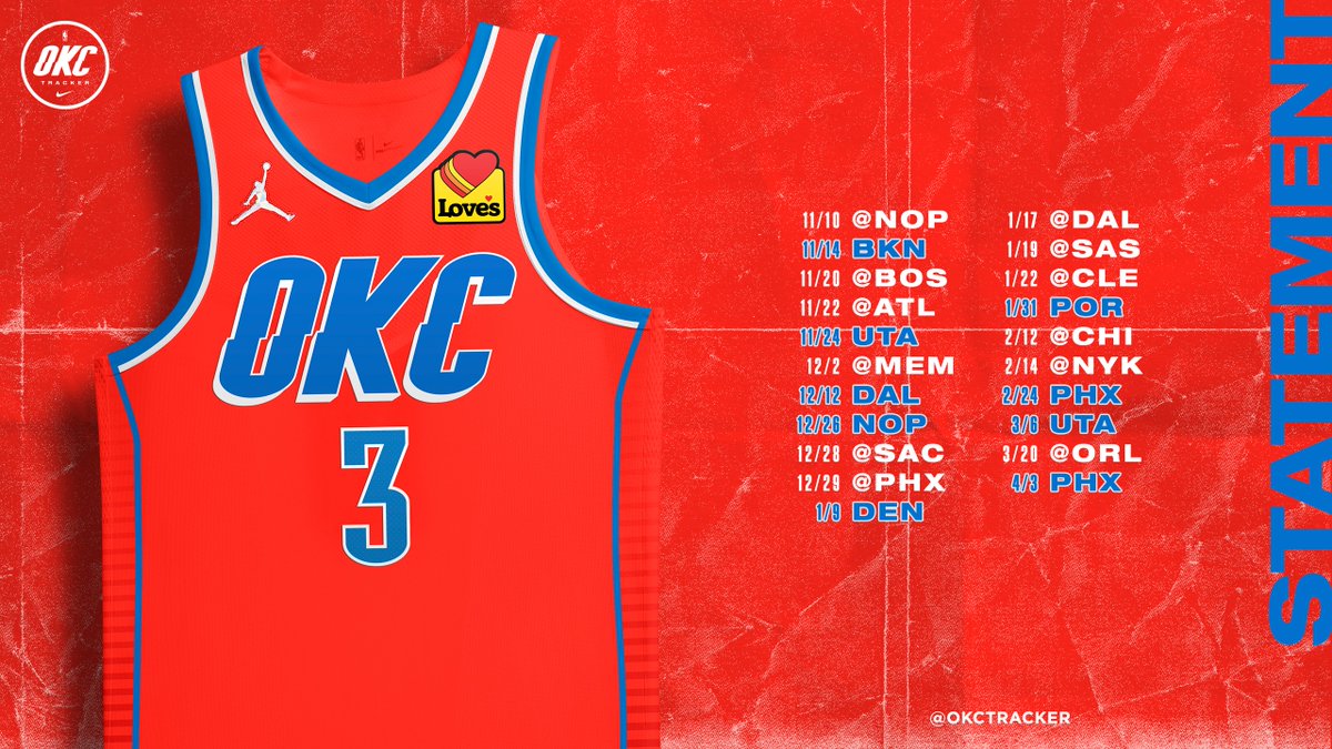 OKCTracker's tweet photo. 🚨UNIFORM SCHEDULE ALERT🚨

All 82 games of the Thunder's uniform schedule are here, including the new City Edition mixtape design.

⚪️ Association: 24 games
🔵 Icon: 23 games
🟠 Statement: 21 games
⬜️ City: 14 games https://t.co/lCeSPr5HXH