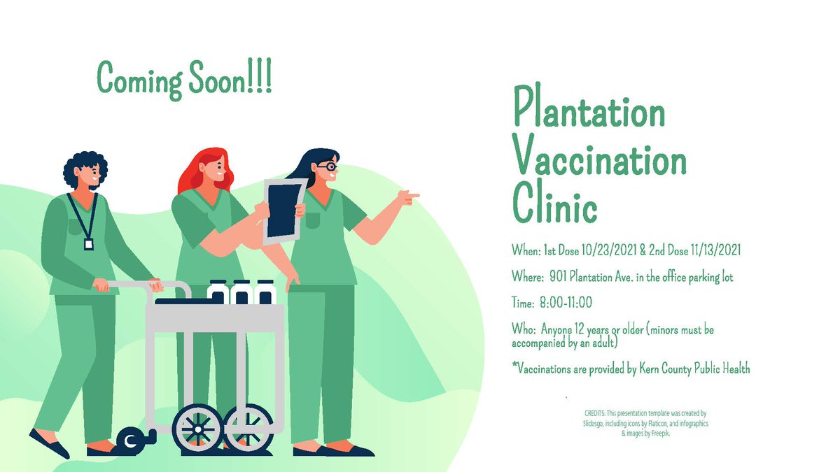 ProsperityElem1's tweet photo. Plantation Vaccination Clinic

When: 1st Dose 10/23/2021 &amp; 2nd Dose 11/13/2021
Where: 901 Plantation Ave. in the office parking lot
Time: 8:00-11:00
Who: Anyone 12 years or older (minors must be
accompanied by an adult)
*Vaccinations are provided by Kern County Public Health https://t.co/NEkWlvx4rX