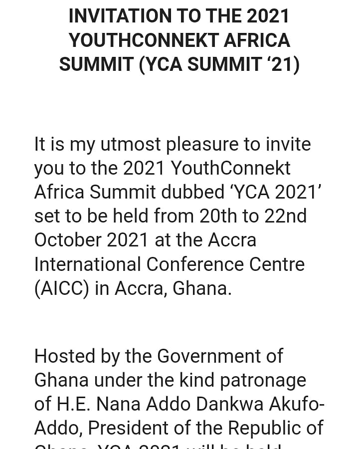 codedbdchange's tweet photo. I'm delighted to received an invitation from the Hon. Minister of Youth and Sports, Republic of Ghana to attend 2021 YouthConnekt Africa Summit (YCA Summit'21)

For: Positive Youth Development (PYD)🇳🇬🇬🇭

#yla4pyd #youthconnekt #africa #ycasummit #ghana #nigerianyouths https://t.co/vSkty32J8K