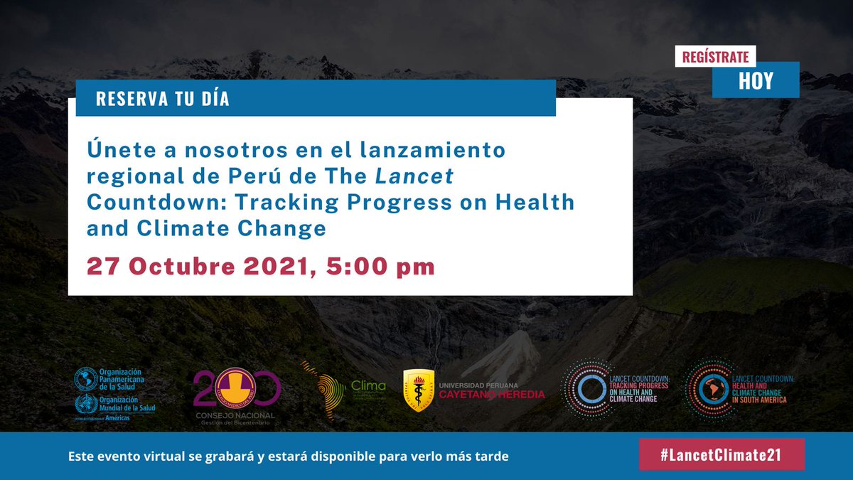 CMP_PERU's tweet image. ▶️Médico colegiado no te pierdas el lanzamiento regional en el Perú de The Lancet Countdown: Tracking Progress on Health and Climate Change de la cual participará el @DrPalaciosCeli y el Dr. Galán Rodas @edgarod.
 
📝Regístrate en👉 bit.ly/3ljxES4
 
#CMP #LancetClimate21
