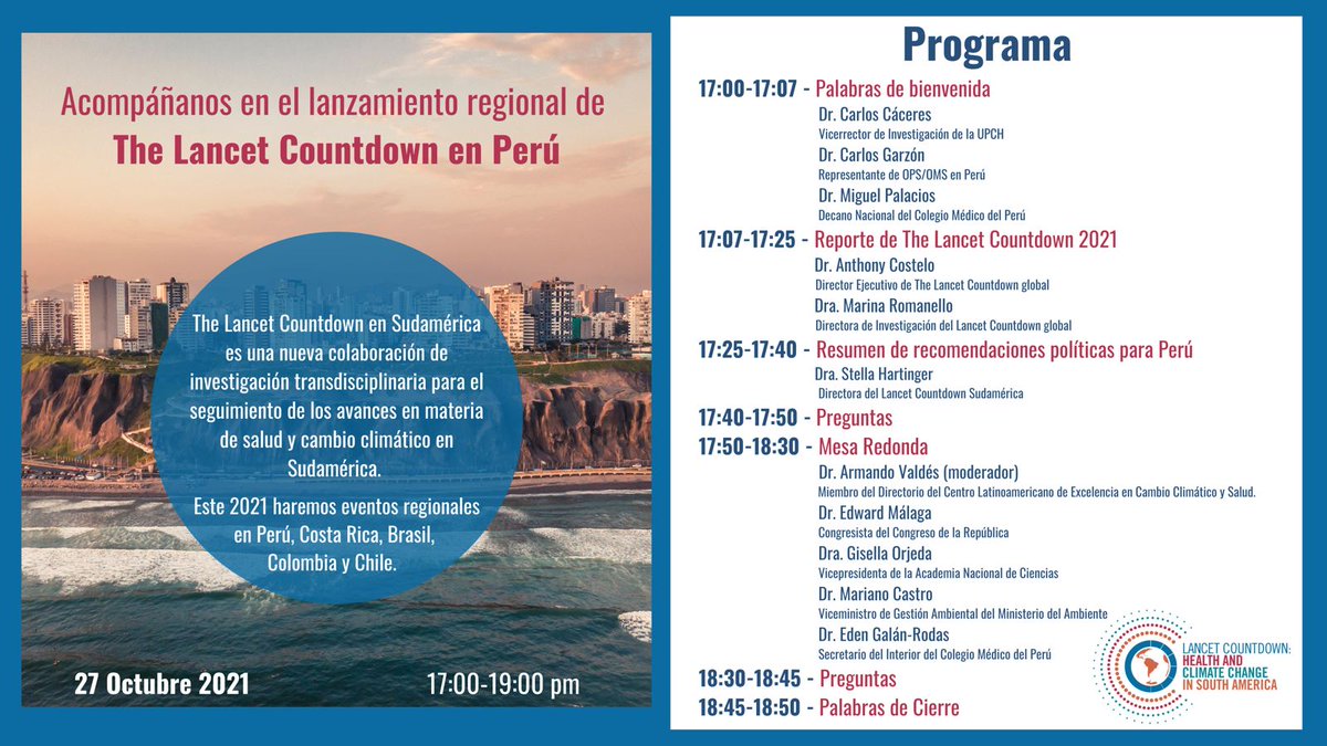 CMP_PERU's tweet image. ▶️Médico colegiado no te pierdas el lanzamiento regional en el Perú de The Lancet Countdown: Tracking Progress on Health and Climate Change de la cual participará el @DrPalaciosCeli y el Dr. Galán Rodas @edgarod.
 
📝Regístrate en👉 bit.ly/3ljxES4
 
#CMP #LancetClimate21