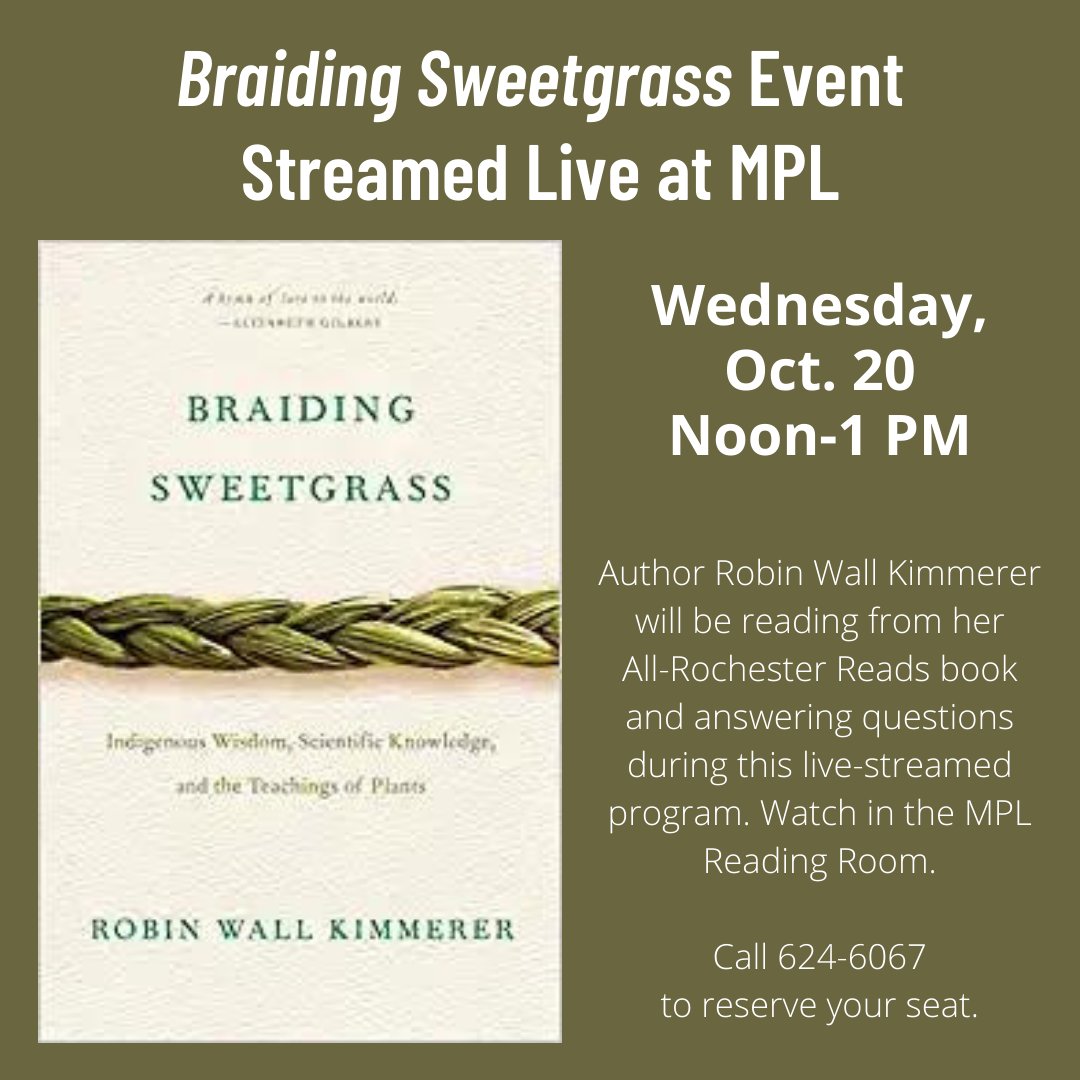 MendonLibrary's tweet image. An All Rochester Reads program!
.
.
.
#AllRochesterReads #BraidingSweetgrass #Kimmerer #mendon #honeoyefalls #hfl #hflcsd #read #librarylife #mendonlibrary