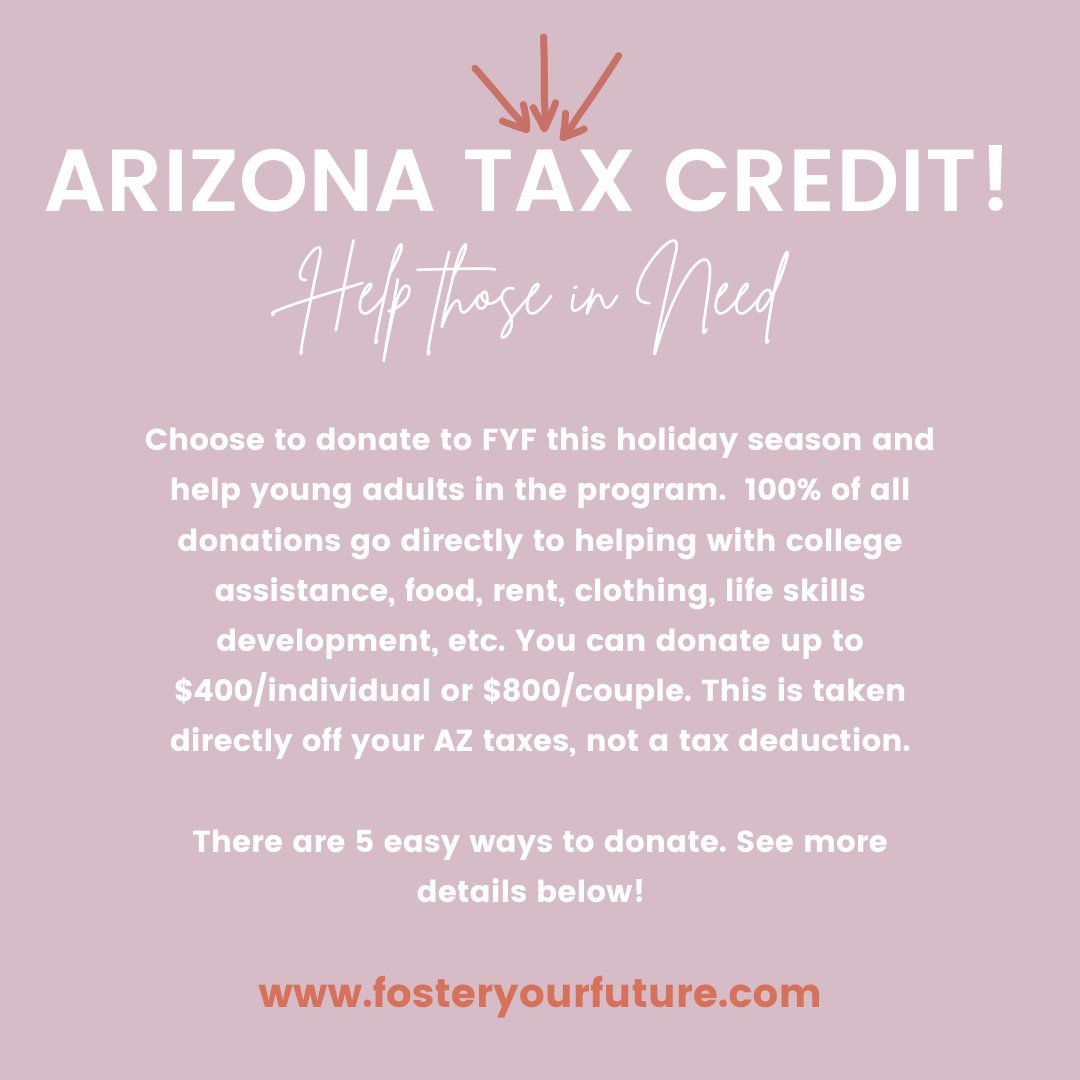 fosterfutureaz's tweet image. Looking for ways to give back this holiday season? Donate to FYF and receive an Arizona Tax Credit. You can donate up to $400/individual and $800/couple.  100% of all donations go directly to these young adult programs. 

See more details at fosteryourfuture.com