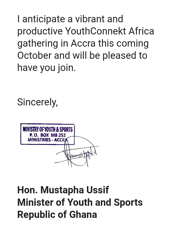 codedbdchange's tweet photo. I'm delighted to received an invitation from the Hon. Minister of Youth and Sports, Republic of Ghana to attend 2021 YouthConnekt Africa Summit (YCA Summit'21)

For: Positive Youth Development (PYD)🇳🇬🇬🇭

#yla4pyd #youthconnekt #africa #ycasummit #ghana #nigerianyouths https://t.co/vSkty32J8K