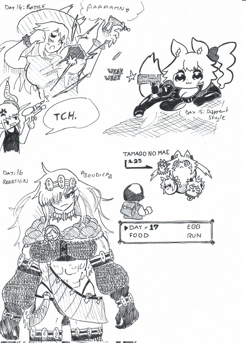 WaiWai_19's tweet photo. Days 14 to 17, been a bit behind as always, just did a big battle on day 13 so a lil water fight is a nice calm alternative - the Boudica design being one I've been toying with for a fan game idea but ngl I cannot code for shit.
#FGO #doodlefest #tamamo #็่ปใฎๅ #boudica https://t.co/oTyetwKVD4