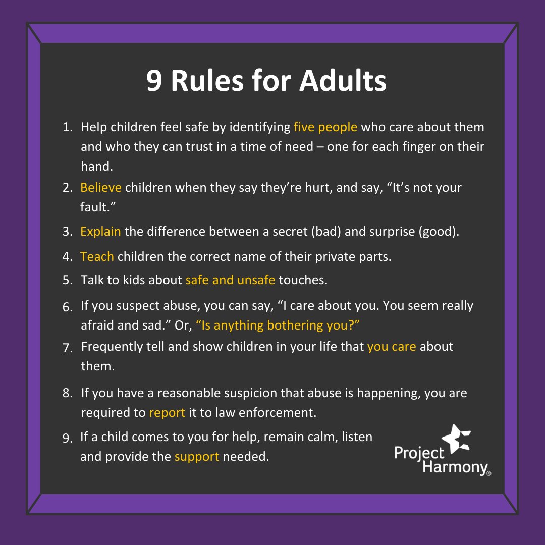 ProjectHarmony2's tweet photo. Adults are responsible for protecting children. In order to remind adults of the power and responsibility they have to keep children safe and protected, the following 9 Rules were created. Make sure to learn, save, and share the 9 Rules with those in your circle. #ChildAdvocacy https://t.co/FpmB3ejlKg