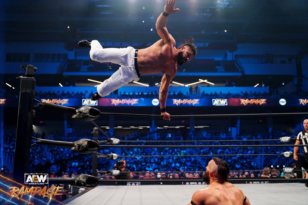 AEW's tweet image. The first time they met, @BASTARDPAC &amp;amp; @AndradeElIdolo delivered an instant classic before Chavo Guerrero intervened. This Friday is the much anticipated rematch: PAC vs #AndradeElIdolo 2, on #AEWRampage at 10/9c on TNT!