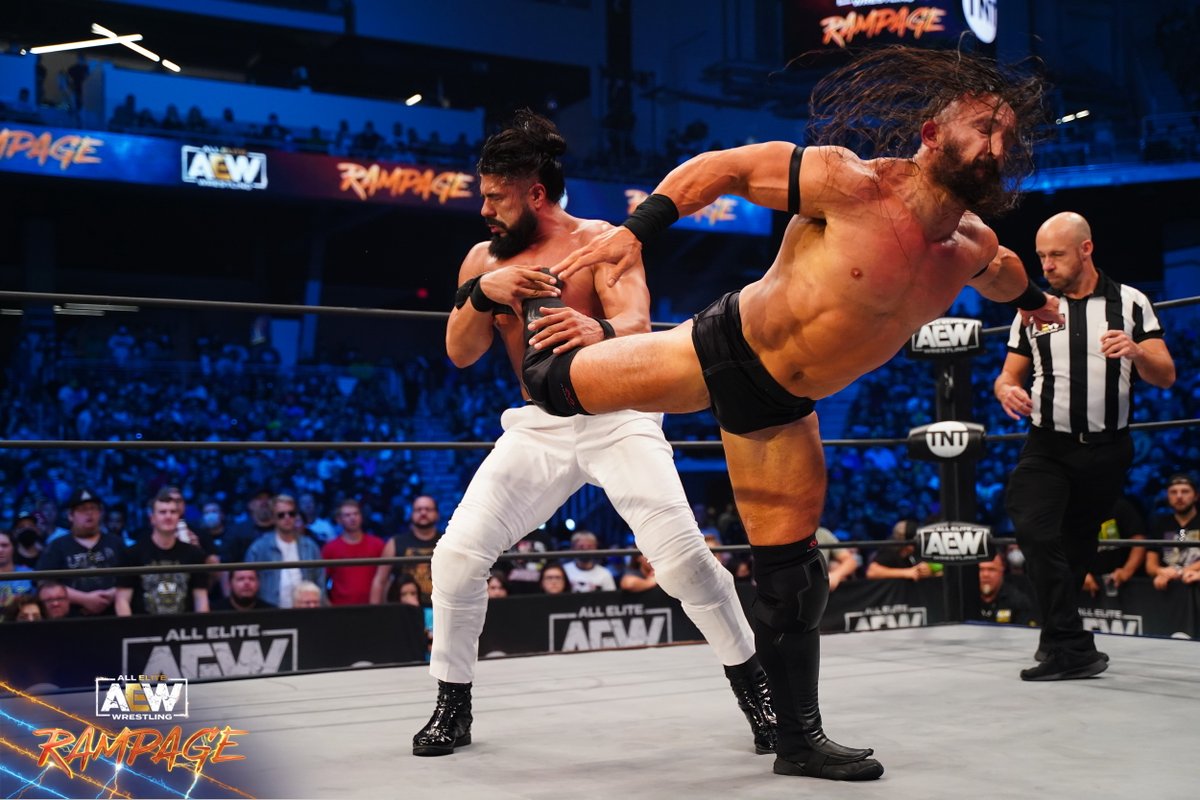 AEW's tweet image. The first time they met, @BASTARDPAC &amp;amp; @AndradeElIdolo delivered an instant classic before Chavo Guerrero intervened. This Friday is the much anticipated rematch: PAC vs #AndradeElIdolo 2, on #AEWRampage at 10/9c on TNT!