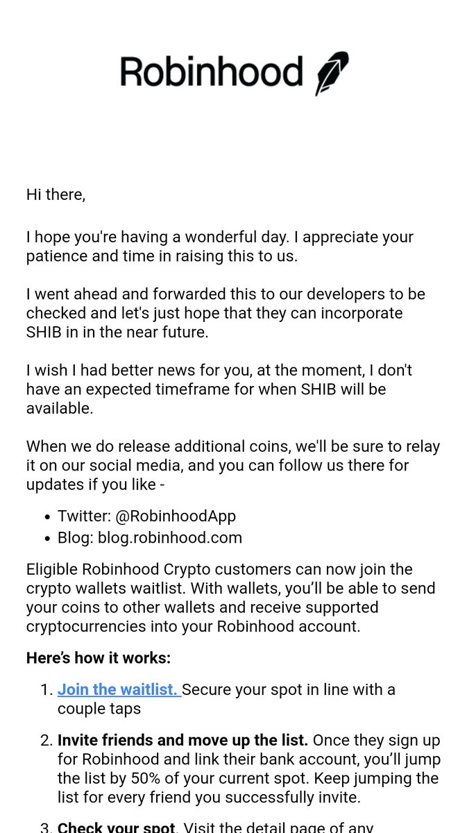 coinburn12's tweet photo. #SHIBARMY #shibainucoin 
Reply from @robinhood app https://t.co/cnL2oHPAqW
