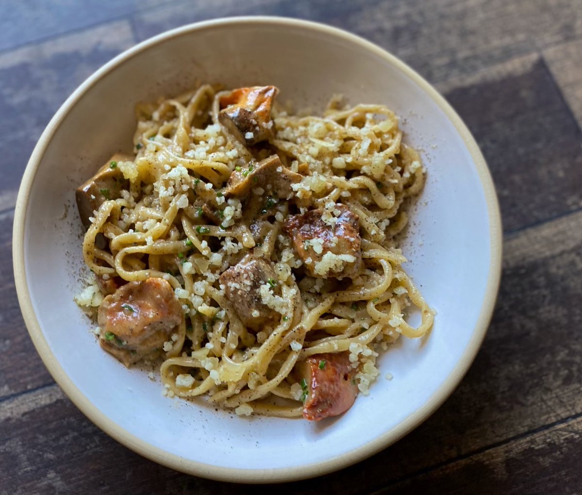 Sourdough linguine, wild mushrooms &amp; pecorino romano.