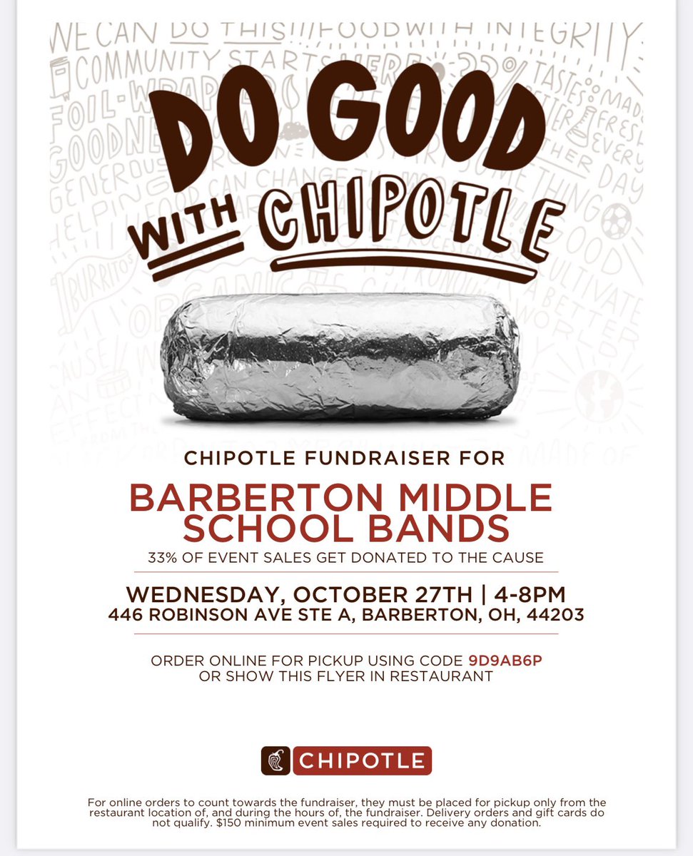 Don’t want to cook dinner?  Help support the BMS band on Wednesday, October 27th from 4:00-8:00 p.m. by ordering from Chipotle!