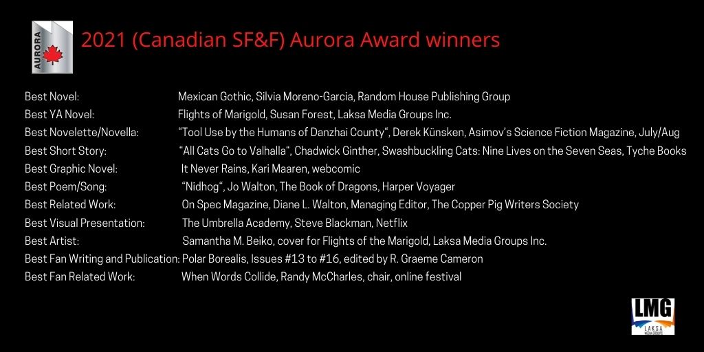 laksamedia's tweet photo. Congratulations to the winners of the 2021 Aurora Awards: Susan Forest and Samantha M. Beiko, @susanjforest @SMBeiko @silviamg @chadwickginther @DerekKunsken @OnSpecMagazine @rgraemecameron @WWC_Calgary @UmbrellaAcad @angrykem @BluejoWalton  #Canadians https://t.co/gqdUvQDUOf