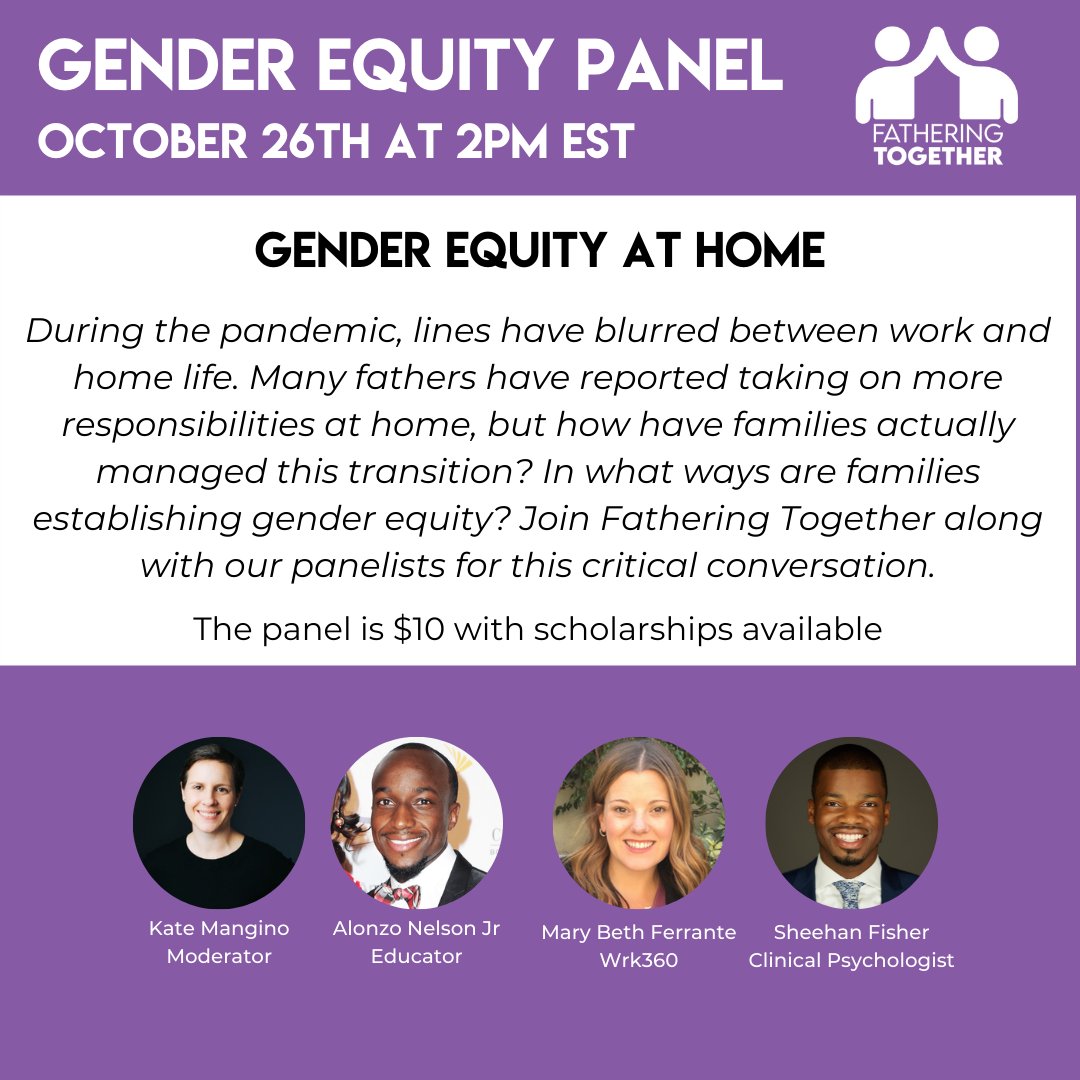 ManginoKate's tweet photo. Can't wait to facilitate this conversation about ways to advance #genderequity at home! $10 proceeds go to @FatherTogether Date: Tues., Oct. 26, 2pm EST. Register: https://t.co/kRnOWKPbuq 
@Marybeth_Wrk360 
 #StandUpDads #fatheringtogether https://t.co/MAoV1MDI0g