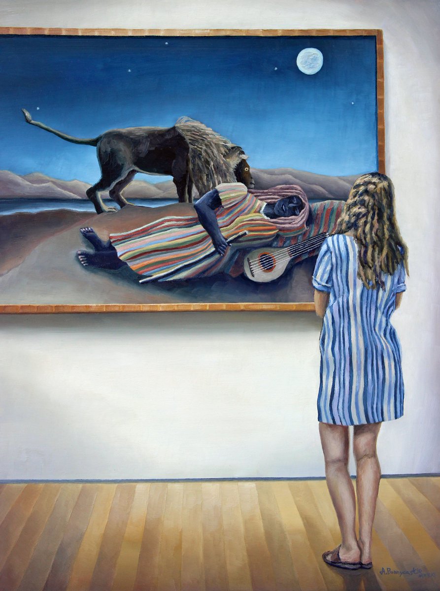 BonnycastleArt's tweet photo. New painting added for sale https://t.co/KyRE95uoMa  Gypsy Dreams, oil, 16"x12". A young woman daydreams in front of Henri Rousseau's iconic painting #thesleepinggypsy at #moMA in New York City. #gypsy  #postimpressionism #art #painting #henrirousseau #modernart #frenchart #nyc https://t.co/Lw34xZi2Ow