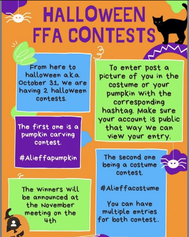 SqueekerE's tweet photo. Remember! @AliefFFA is having 2 #Halloween social media contests! Anyone can enter! Take a picture of yourself in costume or a picture of your pumpkin work of art. Use #AliefFFAcostume or #AliefFFApumpkin! Ends 10/31. See flyer. @aliefisd @AliefHastingsHS @ElsikHighSchool https://t.co/rZgHRsT8Fo