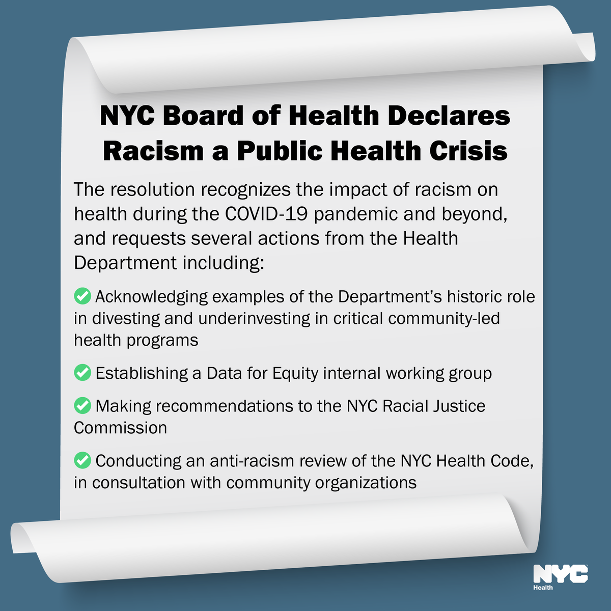 nycHealthy's tweet photo. Today, the NYC Board of Health passed a resolution declaring racism as a public health crisis. NYC’s resolution is one of the first in the nation to tie specific actions to its declaration. Learn more and read the full resolution: https://t.co/UgUwJoyKHA https://t.co/7SJ67ZKvyD