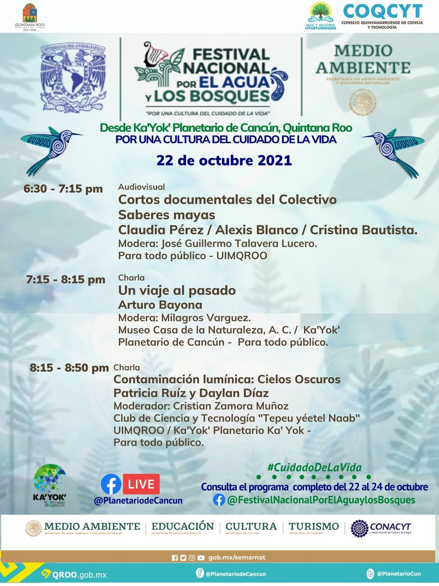 Ka'Yok' Planetario de Cancún (@planetariocun) on Twitter photo Festival Nacional por el Agua 🌊 y Bosques 🌳 de <a href="/SEMARNAT_mx/">SEMARNAT México</a> <a href="/Conacyt_MX/">Conahcyt Consejo</a>
Programa desde Ka'Yok' el 22 Oct.
📢 Sintoniza vía FB: bit.ly/3aH6DSS
<a href="/VivoEnCancun/">Vivo en Cancún 🏖️</a> <a href="/semaqroo_/">SEMAQROO</a> <a href="/cancunecologia/">Ecología Cancún</a> <a href="/CAPAQRoo/">CAPA Quintana Roo 💧</a> <a href="/UIMQRoo/">UIMQROO</a> <a href="/ConaguaQRoo/">Conagua Quintana Roo</a> @TecNMCarrillo <a href="/ProyectoGAM/">Gran Acuífero Maya</a>
<a href="/IMTA_mx/">IMTA</a> Festival Nacional por el Agua 🌊 y Bosques 🌳 de <a href="/SEMARNAT_mx/">SEMARNAT México</a> <a href="/Conacyt_MX/">Conahcyt Consejo</a>
Programa desde Ka'Yok' el 22 Oct.
📢 Sintoniza vía FB: bit.ly/3aH6DSS
<a href="/VivoEnCancun/">Vivo en Cancún 🏖️</a> <a href="/semaqroo_/">SEMAQROO</a> <a href="/cancunecologia/">Ecología Cancún</a> <a href="/CAPAQRoo/">CAPA Quintana Roo 💧</a> <a href="/UIMQRoo/">UIMQROO</a> <a href="/ConaguaQRoo/">Conagua Quintana Roo</a> @TecNMCarrillo <a href="/ProyectoGAM/">Gran Acuífero Maya</a>
<a href="/IMTA_mx/">IMTA</a>
