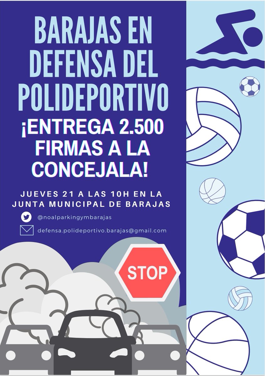 ¡Primera entrega de firmas: más de 2.500! 

¡Queremos piscina de verano! 🏊☀😎

¡Queremos espacios deportivos para los Clubs del Distrito 21! ⚽🏀🏑🤺🤾‍♀️👨‍👩‍👧‍👧👨‍👧‍👧

¡No al parking! 🚫🚫

#BarajasPorElDeporte #PiscinaVeranoBarajas
