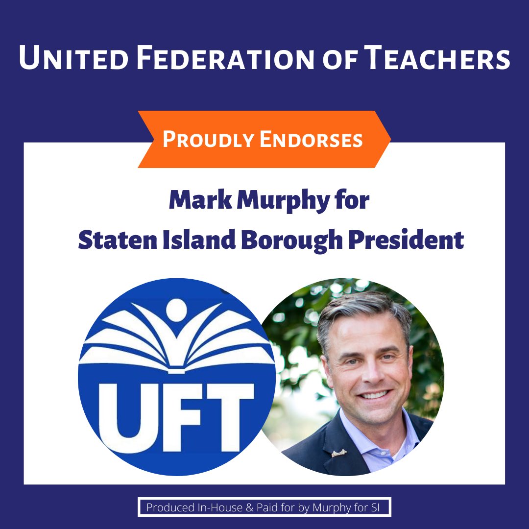 MurphyforSI's tweet photo. THIS JUST IN: I have been endorsed by the United Federation of Teachers! #UFT #MurphyForSI https://t.co/yHHjsR0b9t