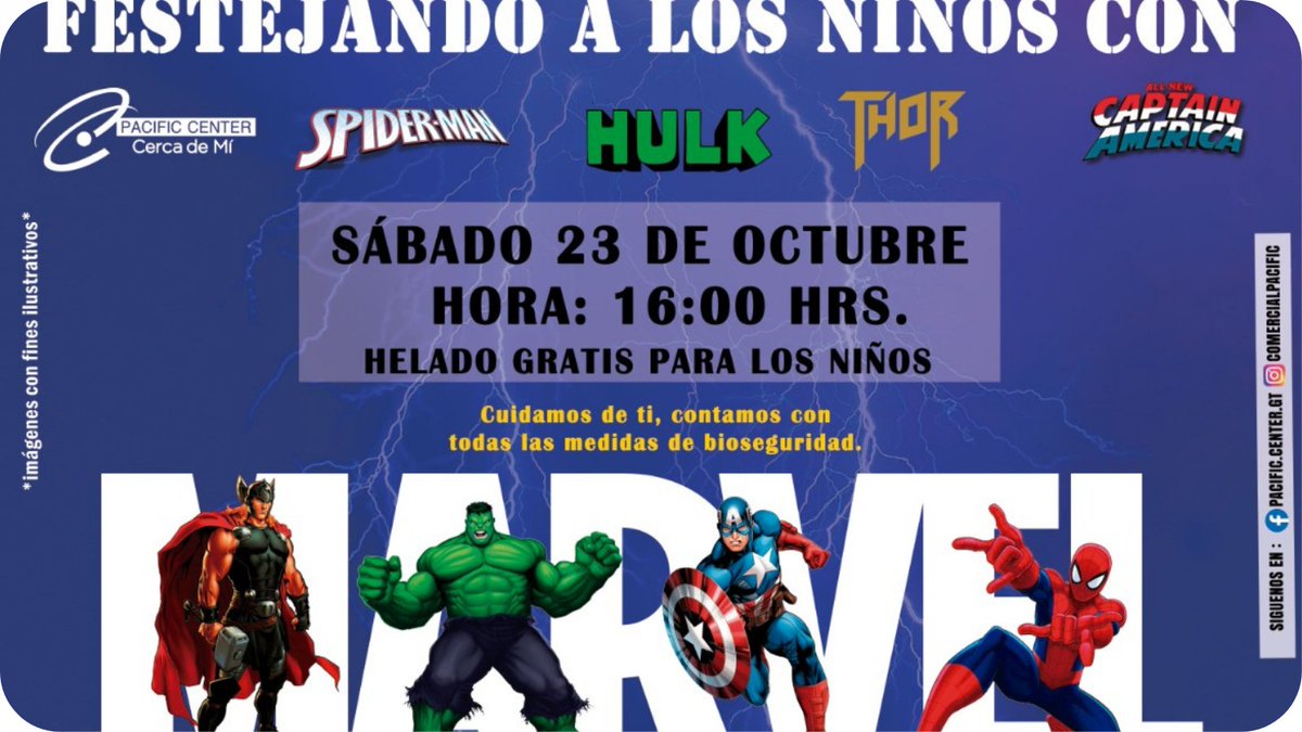 pacificenter_gt's tweet photo. ¡SEGUIMOS FESTEJANDO A LOS NIÑOS!
Acompáñanos con toda la familia  este próximo sábado 23 de octubre a partir de las 04:00 pm y disfruta  de los personajes de MARVEL #SPIDERMAN #HULK  #THOR #CAPITANAMERICA.

#CCPacificCenter
#CercaDeMÍ
#EntradaGratis https://t.co/YWqQoXyCmm