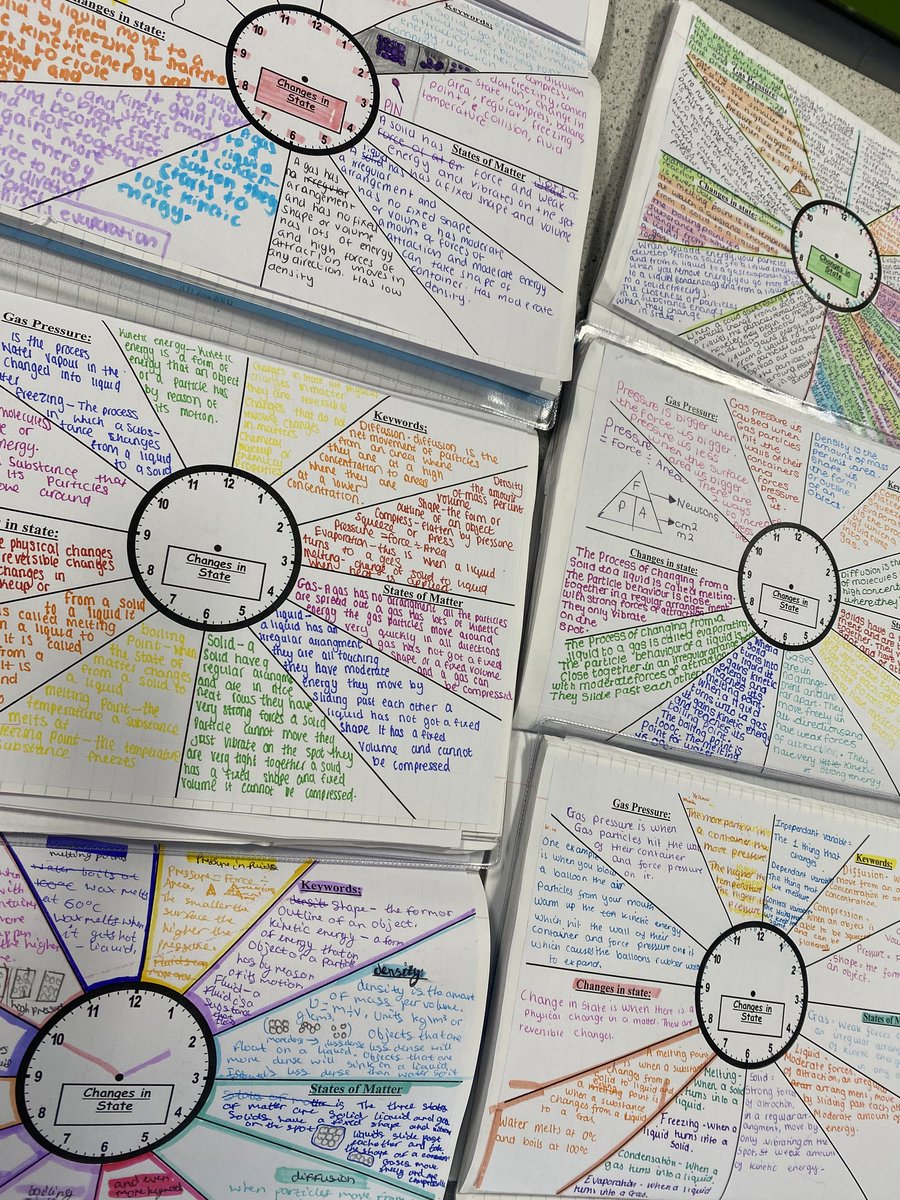BronteGirls's tweet photo. Year 8 pupils have been using revision clocks to summarise what they have learned in Science to prepare for their AFF test on changes in state. Learning more. Remembering more. #Science #RevisionClocks #MrsSKhan 🧪🔭👩‍🔬🥼 https://t.co/RCN8hholK7